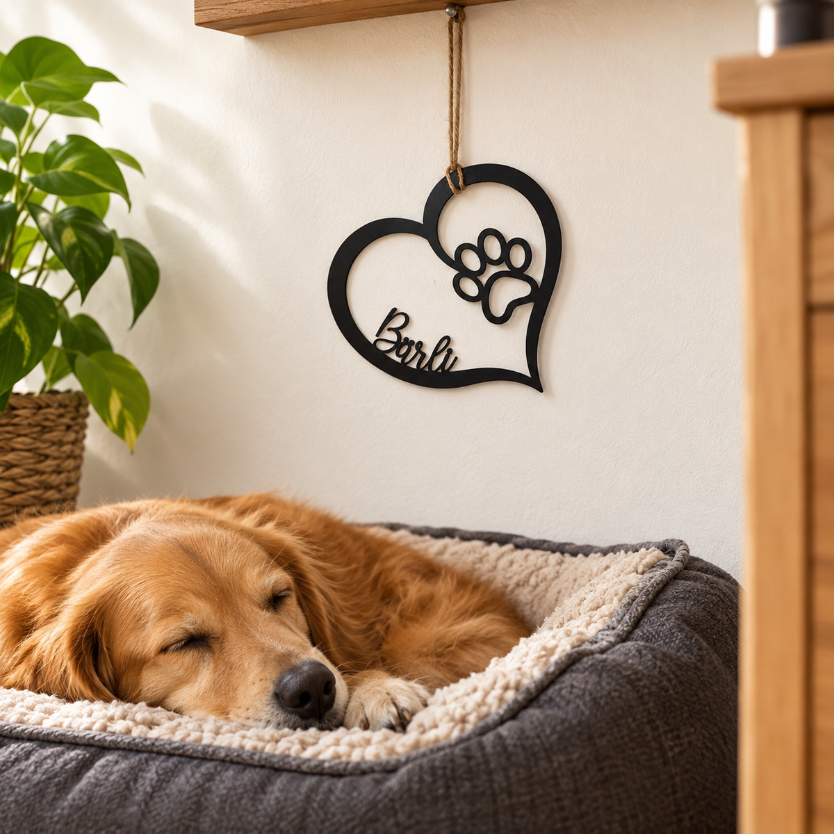 Schwarzes Herzschild mit Pfotenmotiv und dem Namen Bärli, an einer Juteschnur über einem Hundebett aufgehängt.
